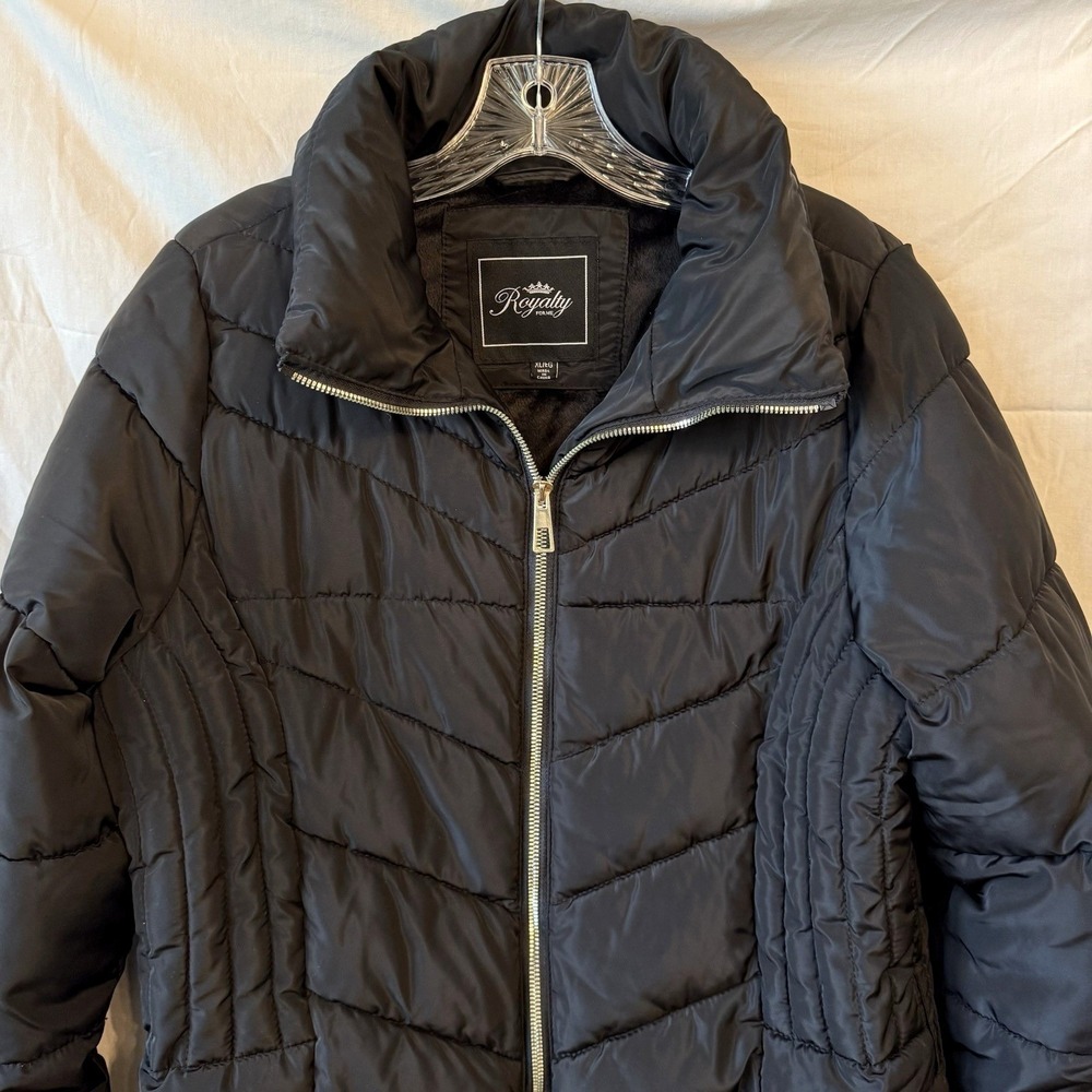 Royalty For Me Size XL Black Chevron Quilted Puffer‎ Jacket Parka Faux Fur Lined